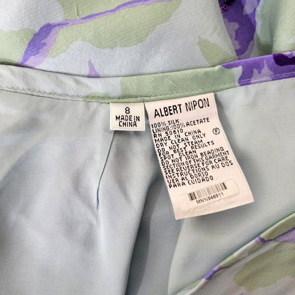 Albert Nippon Green Silk Skirt with Purple Roses Vintage - Picture 3 of 8